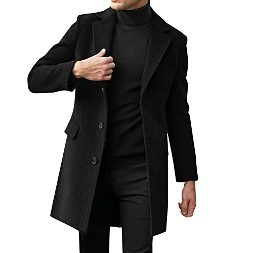 Mens Trench Coat Wool Blend Top Pea Coat Winter Long Single Breasted Classic Solid Color Stylish Bus