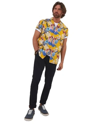 Men's Tropical Bird Print Short Sleeve Open Flat Collar Shirt, Yellow, M