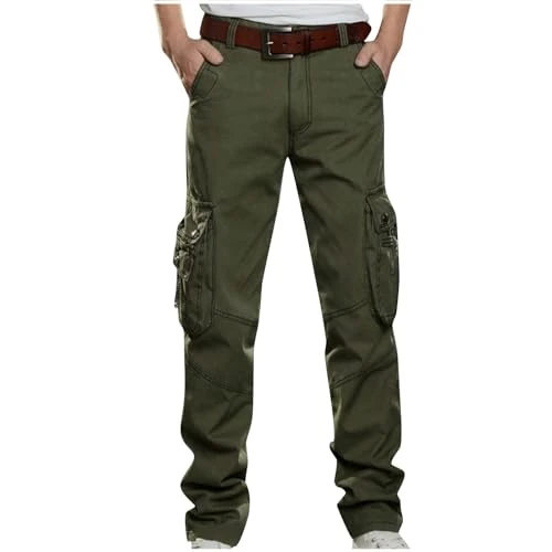 Mens Trousers Cotton Solid Color Cargo Pants with Multi-Pocket Elastic Waist Loose Fit Straight-Leg 