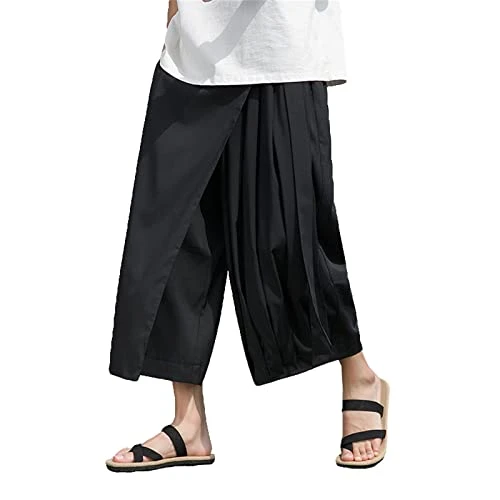 Men's Trousers Irregular Design Skirt Trousers Straight Kendo Trousers Baggy Casual Trousers Fashionable Seven Points Relaxation Trousers Wide Leg Short Comfort Streetware Daily Men Short Size, black,
