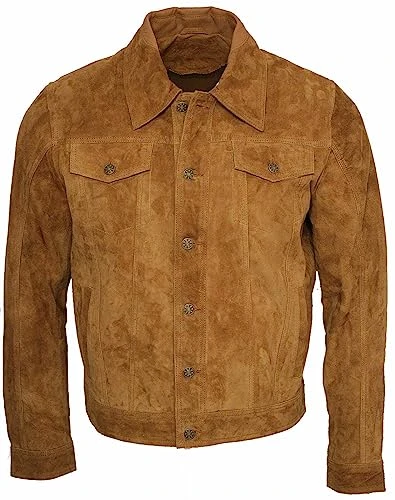 Men's Trucker Casual Goat Suede Tan Leather Shirt Jeans Jacket 2XL