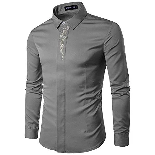 Men's Turn Down Collar Long Sleeve Stripe Patchwork Casual Shirts Grey L