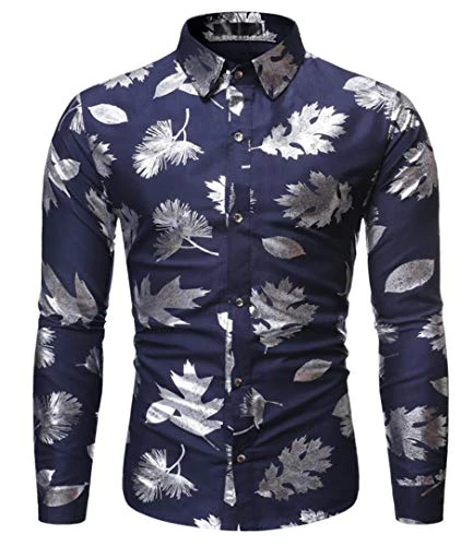 Men's Turndown Collar Floral Shirt Slim Fit Long Sleeves Dress Shirt Buttons Down Printed Prom Shirt