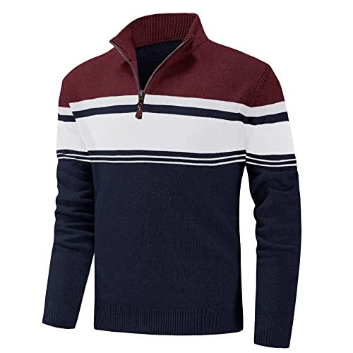 Men's Turtleneck Pullover Jumpers Warm 1/4 Zip Pullover Sweater Comfortable Soft Jumper,Navy Wine Re