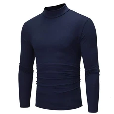 Men's Turtleneck T-Shirt Pure Color Long Sleeve T-Shirt Top Blouse for Autumn Winter Navy
