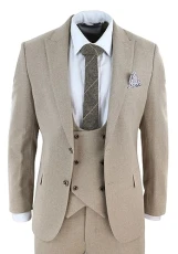Mens Tweed 3 Piece Beige Formal Tailored Wedding Suit
