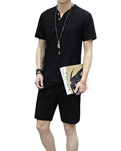 Mens Two Pieces Suits Small V Neck Short Sleeve Shirt with Shorts Summer Chinese Style Linen Casual Outfit Black 4XL