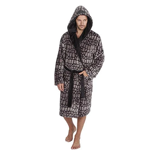 Mens Two Tone Luxury Soft Flannel Fleece Black/Grey Dinosaur Hooded Dressing Gown - Size - Large