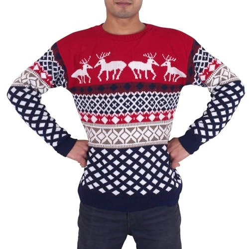 Mens Unisex 70's Jumpers Sweater Retro Christmas Knitwear Top (XXL, Red/Navy 4 Reindeer)