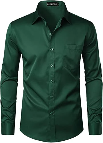 Men's Urban Stylish Casual Business Slim Fit Long Sleeve Button Up Dress Shirt with Pocket Dark Gree