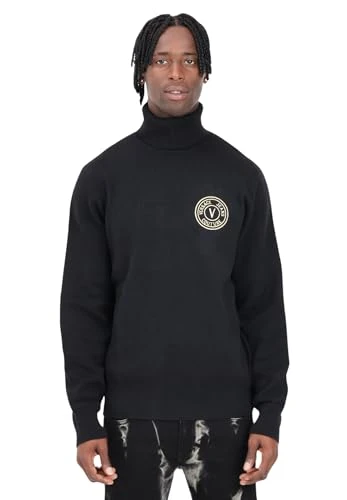 Men's V-Emblem Logo Black Turtleneck Jumper, Black, S