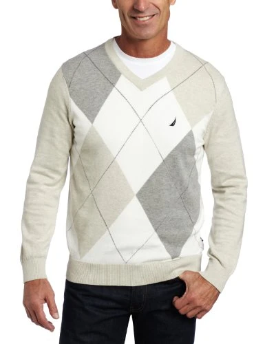 Men's V-Neck Argyle Sweater - Beige - Large