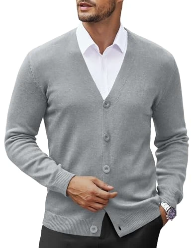 Men's V Neck Cardigan Sweater Casual Lightweight Button Down Knitted Cardigan Sweater, Ligh