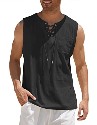 Men's V-Neck Lace up Tank Top Casual Sleeveless Henley Shirt Summer Beach Hippie Shirt Black L