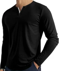 Men's V Neck Long Sleeve Shirts Casual Henley Cotton T-Shirts Slim Fit Longline Tee Shirts, Black, XL