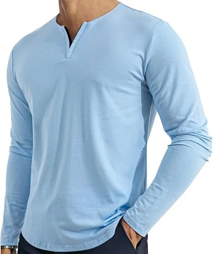 Men's V Neck Long Sleeve Shirts Casual Henley Cotton T-Shirts Slim Fit Longline Tee Shirts, Sky Blue