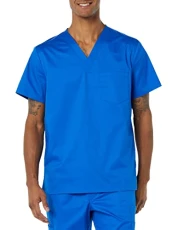 Men's V-Neck Scrub Top with Pockets, Blue, M