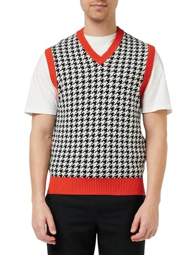 Men's V Neck Sweater S/M 1135k400o Vest, Pied De Poule Black and White and Red 29l, L