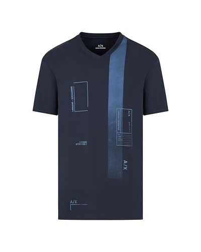 Men's V-Neck with Scattered Logo Elements with Faded Horizontal bar, Regular fit tee T-Shirt, Navy, M