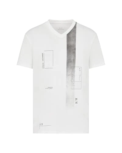 Men's V-Neck with Scattered Logo Elements with Faded Horizontal Bar Regular Fit Tee T-Shirt, Off White, L