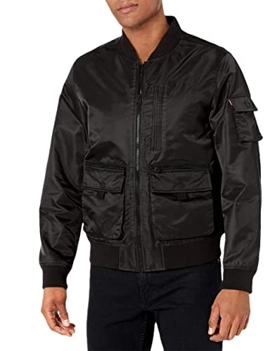 Men's Varsity Bomber Trucker Jacket, Black Patch Pockets, XL