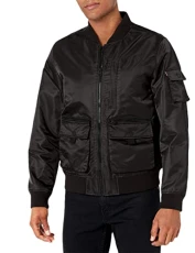Men's Varsity Bomber Trucker Jacket, Black Patch Pockets, XL Men's Varsity Bomber Trucker Jacket, Black Patch Pockets, XL