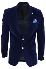 Mens Velvet Blazer Suit Jacket 2 Button Dinner Smart Casual Formal Tailored Fit Blue