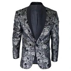 Mens Velvet Paisley Floral Blazer Black Gold Silver Tuxedo Jacket Dinner Suit Tux - Silver Black 50