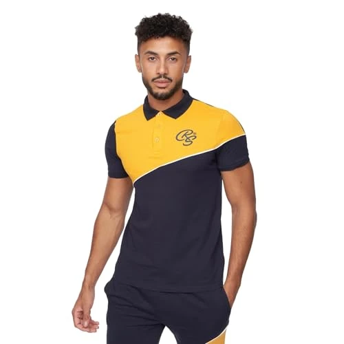 Men's VENTAMOORE Polo Short Sleeve T-shirt and Shorts Set (M, Navy/Yellow)