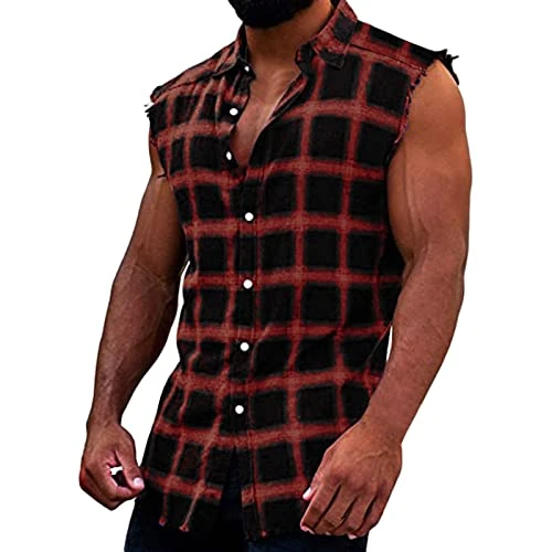 Men's Vest Muscle Fit Sleeveless Cut off Plaid Stripe Flannel Shirt Mens V Neck Tank Tops Casual Button Down Slim Fit Cowboy Shirts for Men Vest Shirts(A1-Red,XXL)