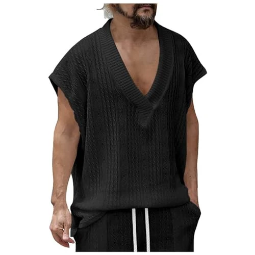 Mens Vest Top V Neck Loose Jacquard Knit Sleeveless Casual Vest Hawaii Tank Top Sleeveless T-Shirt for Men T-Shirt Sport Men, black, 3XL