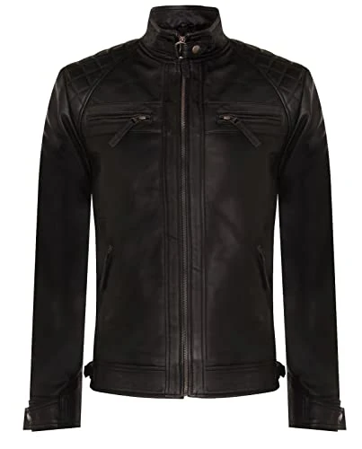 Men's Vintage Black Leather Retro Jacket Classic Racing Quilted Biker Moto Fashion Jacket L