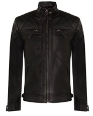 Men's Vintage Black Leather Retro Jacket Classic Racing Quilted Biker Moto Fashion Jacket L