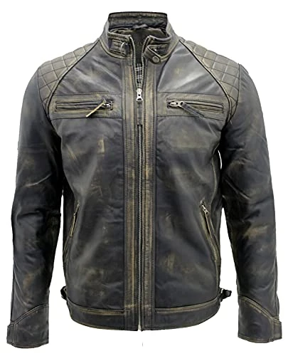 Men's Vintage Black Retro Leather Retro Jacket Classic Racing Quilted Biker Moto Fashion Jacket M