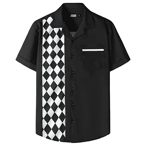 Mens Vintage Bowling Shirts Short Sleeve Button Down Hawaiian Beach Shirt Black White 3X-Large