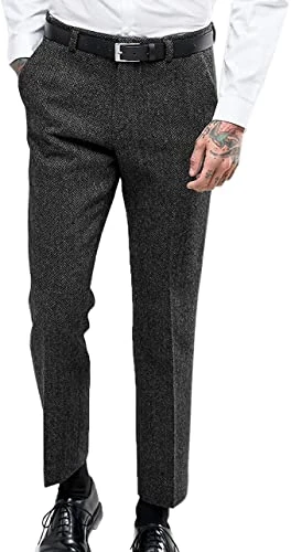 Mens Vintage Herringbone Suit Pants Tweed High Waisted Wool Slim Fit Trousers for Wedding Groomsmen(