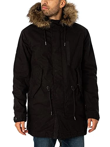 Men's Vintage Military Faux Fur Parka Jacket, Black, XL