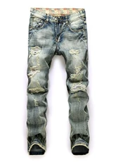 Men's Vintage Ripped Slim Fit Straight Denim Jeans Jogger Pants Vintage Style with Broken Holes Light Blue