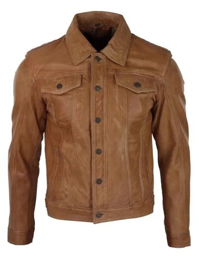 Mens Vintage Short Denim Style Retro Leather Jacket Tan Brown Casual, tan brown, Large