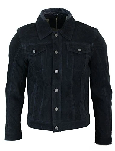 Mens Vintage Short Denim Style Retro Real Suede Leather Jean Jacket Casual