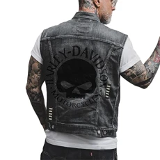 Men's Vintage Skull Denim Vest Jacket Skull Printed Biker Motorcycle Buttoned Denim Waistcoat Gilet 