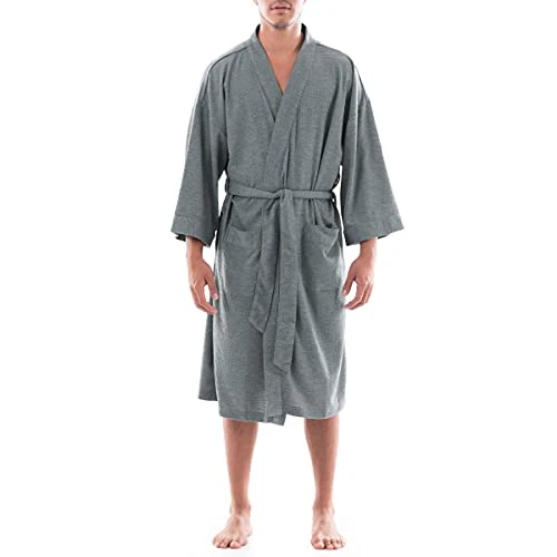 Men's Waffle Kimono Robe Bathrobe, Grey Heather, One Size