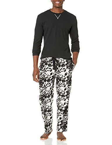 Men's Waffle Knit Top and Flannel Pant Pajama Sleep Set, Black/Cow Print, S