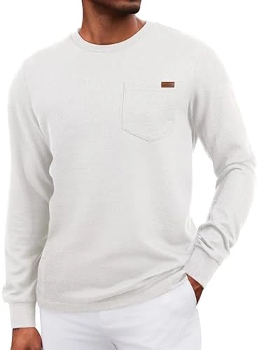 Men's Waffle Long Sleeve Work Shirt Casual Crewneck Heavyweight Pocket T Shirts, White, Medium