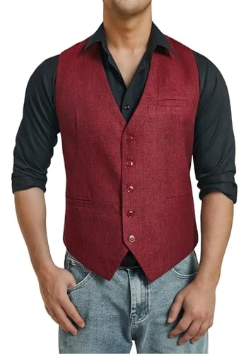 Mens Waistcoat Tweed Waistcoats for Men Formal Suit Vest Red Herringbone Waistcoats Burgundy XL