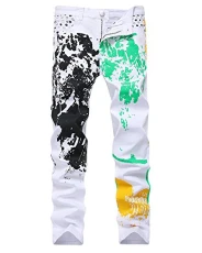 Men's Washed Pattern Hole Long Straight Pants Slim Fit Jeans Trousers White 36