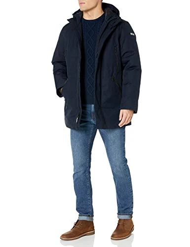 Men's Water Resistant Hooded Logo Parka Jacket, Navy, L