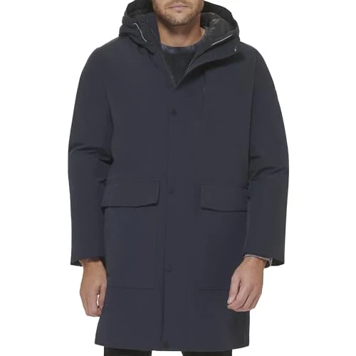 Men's Water Resistant Hooded Logo Parka Jacket, Patch Pocket Navy, M