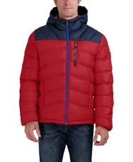 Men's Water Resistant Jacket Long Sleeve Zip Up Adjustable Hood Quilted Coat, Red, XL