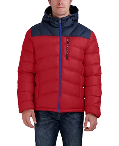 Men's Water Resistant Jacket Long Sleeve Zip Up Adjustable Hood Quilted Coat, Red, XL